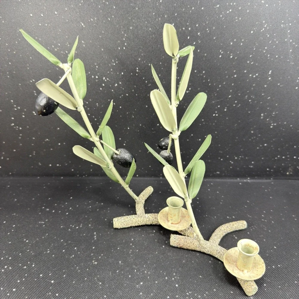 Metal Olive Branch Taper Candle Holder Set of 2 Green Leaf Botanical Decor 7in